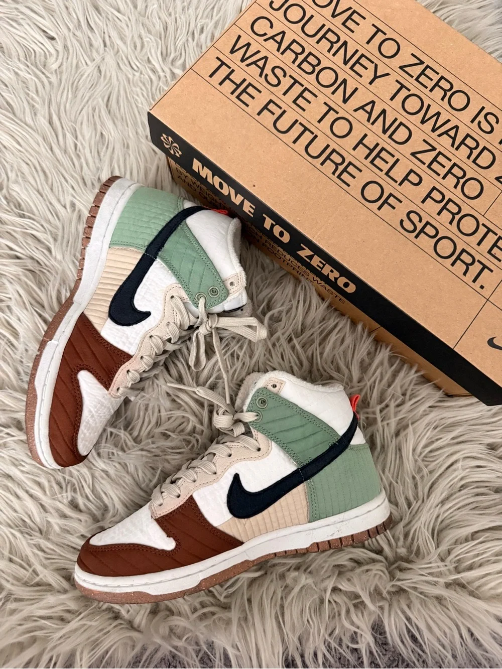 Nike High-Top Dunks in Green, Brown, Cream with Black Swoosh